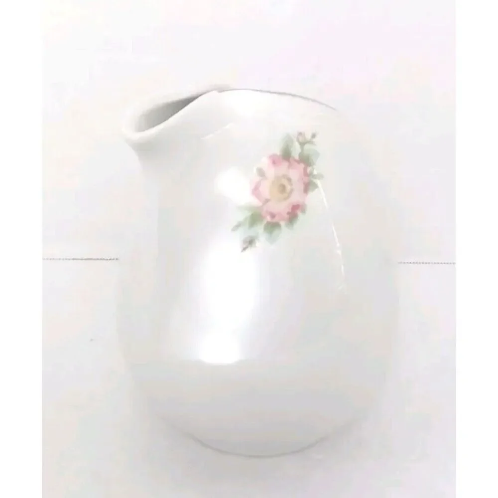 Floral Creamer Pitcher‎ White Porcelain Rose Accent Silver Trim Decor